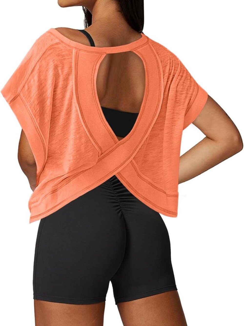 Open Back Workout Top for Women | Loose Fit Athletic Crop Tee | Short Sleeve Gym